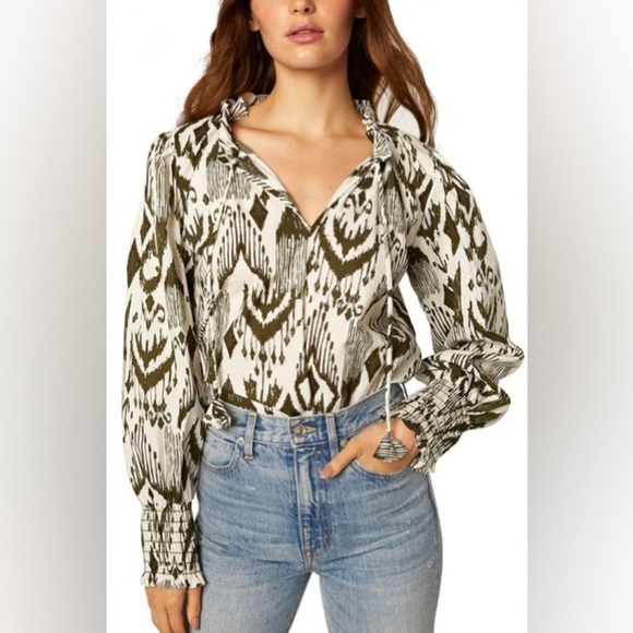 MISA / Merida ikat split neck blouse olive green cotton extra small XS - Picture 2 of 7